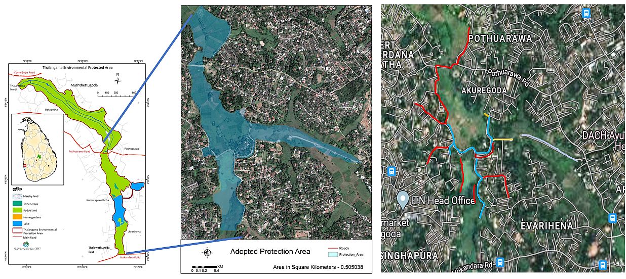 The aerial photograph in the center shows the 50 ha of the Thalangama Environmental Protection Area which the Wetland Watch takes care of. The aerial view on the right shows the streets, water ways and lake areas which are regularly cleaned (status July 2022). Each color shows a different volunteer (unpaid or paid), with the blue and yellow parts being patrolled 365 days a year.
<br>. . . . . . . . . . . . . . . . . . . . . . . . . . . . . . . . . . . . . . . . . . . . . . .<br>Thalangama Environmental Protected Area